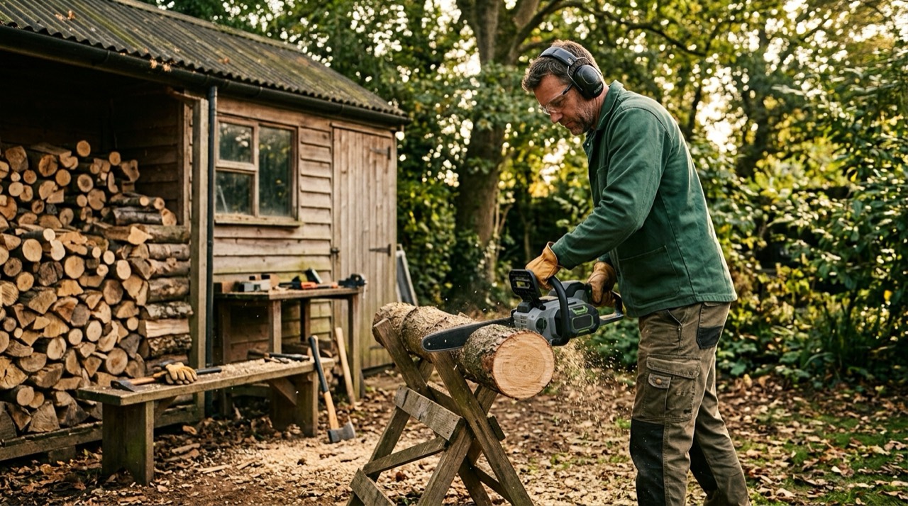 Using battery chainsaw in backyard Stihl Cordless Range — Using battery chainsaw in backyard