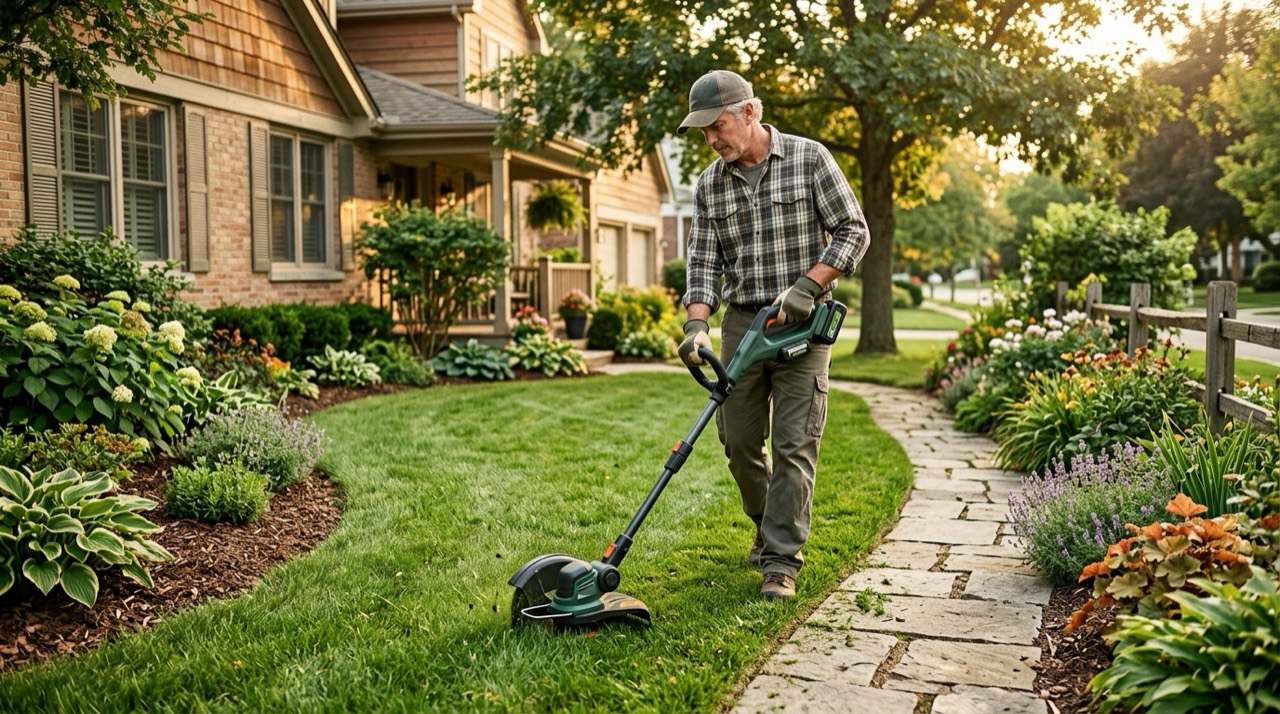 Cordless Edgers — Using cordless edger on lawn
