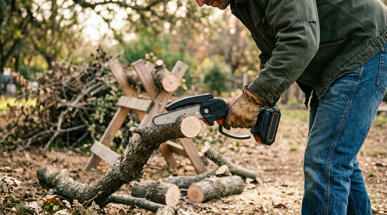 Using cordless mini saw outdoors Cordless Mini Saws — Using cordless mini saw outdoors