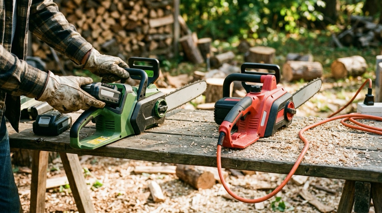 Using electric chainsaw outdoors Corded vs Battery — Using electric chainsaw outdoors