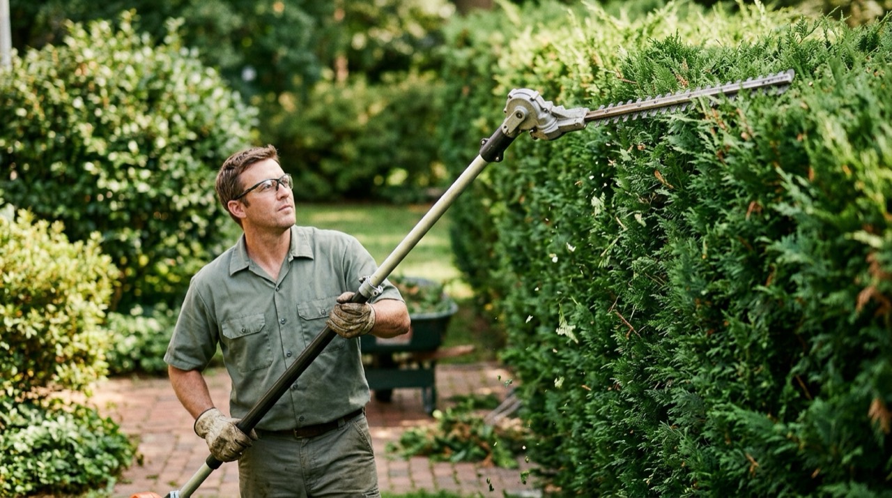 Using pole hedge trimmer outdoors Pole Hedge Trimmers — Using pole hedge trimmer outdoors